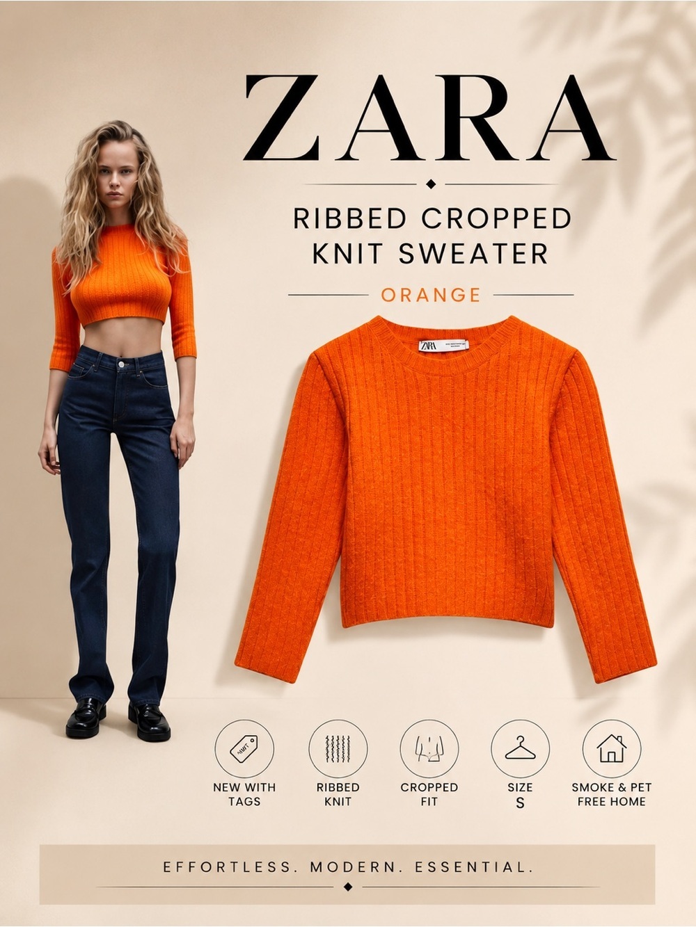 ZARA Orange Ribbed Cropped Knit Sweater NWT Size S